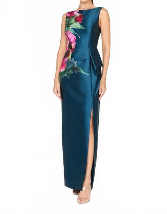 Kay Unger Luciana Column Gown With Flower In Blue Opal