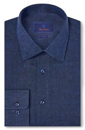 David Donahue Trim Fit Linen Dress Shirt in Navy at Nordstrom Rack, Size 17.5 - 36/37