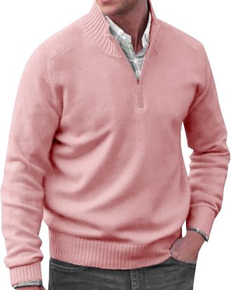 Generic Mens Jumpers Cotton Blend Long Sleeve Jumper Quarter Zip Pullover Sweater Stand Collar Winter Pullover Thick Warm Solid Color Jumpers Classic Golf Swe