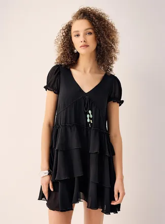 Twik Womens Charm cord tiered chiffon dress