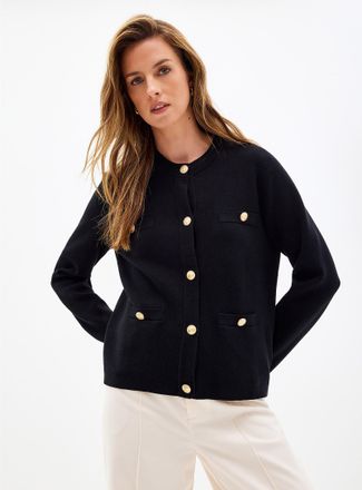 Contemporaine Womens Gold crest buttons patch pockets Cardigan Sweater