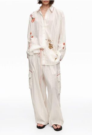 Bimba & Lola Barrel-Leg Cotton Trousers With Decorative Stitching in Ivory at Nordstrom, Size 40 Eu