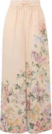 Zimmermann Bloemen Linnen High-Waisted Wijde Pijpen Broek - Dames - Wijde Broeken - Beige - XS - Linnen - Broeken
