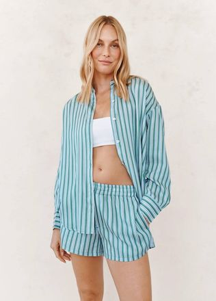 Bella Dahl Oversized Button Down Shirt In Emerald Surf Stripe