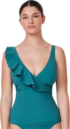 Gottex Bachelorette Ruffle V-Neck Surplice Tankini Top in Lagoon at Nordstrom, Size 14