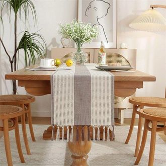 No Brand Camino De Mesa, Estilo Bohemio, Color Crema, Estilo R&uacute;stico, Con Borlas, Lavable, Ideal Para Fiestas Y Decoraci&oacute;n De Bodas, Tres Rayas Gris Claro, 33 