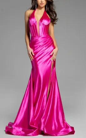 Jovani Halter Satin Gown With Ruched Wrap Skirt In Hot Pink