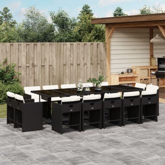 vidaXL Set Comedor De Jard&iacute;n Con Cojines 15 Pzas Rat&aacute;n Sint&eacute;tico Negro Vidaxl