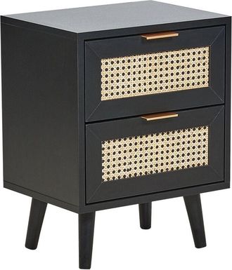 Beliani Comodino 2 cassetti in rattan mdf nero Gambe in legno di gomma Comodino in stile boho Camera da letto nera Opoco