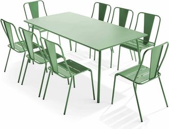 Oviala Mesa de jardín y conjunto de 8 sillas de bistró de acero verde cactus