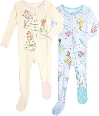 Disney Princess Baby Girls 2-Pack Footed Sleep N Play Coveralls in Princess Teal Pink at Nordstrom, Size Newborn