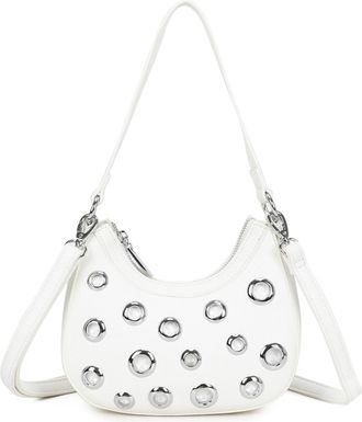 Generic Womens Faux Leather Shoulder Bag with Silver Eyelets, Grey Hobo Style Handbag with Crossbody Strap (White)