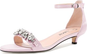 Castamere Womens Low Kitten Heel Open Toe Sandals Ankle Strap Rhinestone Crystal Wedding Dress Satin 3 CM Heels Pale Pink 6.5 UK