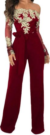 Generic One-Piece Womens Jumpsuit Sexy Jumpsuit Elegant Lace Spring Summer Skinny Jumpsuit Long Sleeve Lace Jumpsuit with Belt Bodysuit Sexy Trouser Suit Tigh