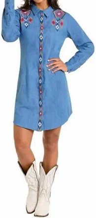 Panhandle Long Sleeve Embroidered Dress In Blue