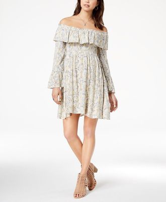 American Rag Cie Juniors Printed Off-The-Shoulder Oxford Tan Combo Size Extra Small