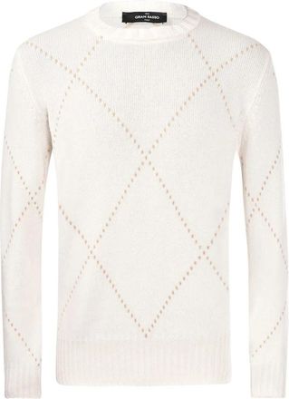Gran Sasso Girocollo Air Wool a Rombi - Heren - Ronde hals truien - Wit - XL - Wol - Truien & Vesten