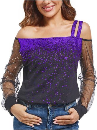 Generic Women Off Shoulder Tops Plus Size Glitter Sequins Shirts Mesh Long Sleeve Print Patchwork Blouse Elegant Oversized T Shirts Casual Blouse Comfy Sparkl