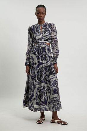 Karen Millen Womens Mono Floral Printed Studded Detail Maxi Dress - Monochrome Multi Linen - Size 12 UK