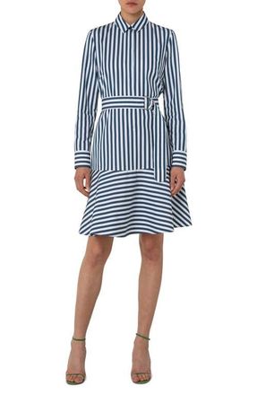 Akris Stripe Cotton Flare Hem Shirtdress in Cream-Dark Denim at Nordstrom, Size 8