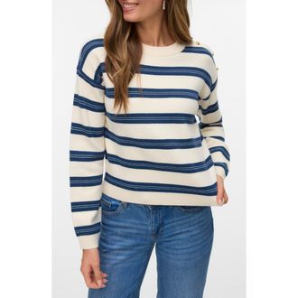 Vero Moda Stripe Button Shoulder Crop Sweater in Birch/Dark Blue at Nordstrom Rack, Size X-Small
