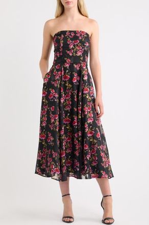 Lulus Elena Floral Strapless Cocktail Midi Dress in Black Floral Multi at Nordstrom, Size X-Large