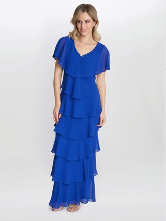 Gina Bacconi Womens Catherine Tiered Maxi Dress - Blue - Size 10 UK