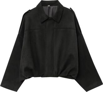 Generic Suede Jackets for Women Y2K Faux Suede Jacket Full Zip Batwing Sleeve Lapel Cropped Outerwear Ladies Fashion Casual Going Out Coats (Z01-Black, XS)