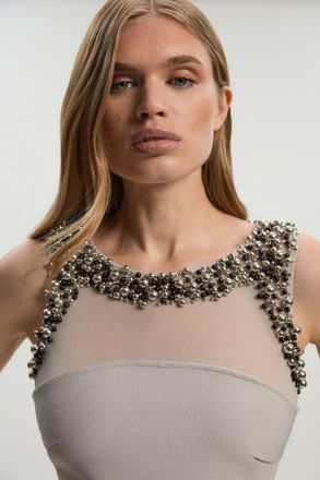 Karen Millen Womens Embellished Figure Form Bandage Sleeveless Knit Maxi Dress - Light Grey - Size X-Small