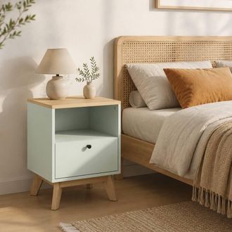 STILVORA Set of 2 Bedside Tables with Drawer & Open Shelf in Green