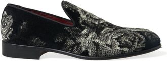 Dolce & Gabbana Black Floral Slippers Men Loafers Dress Mens Shoes