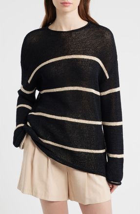 Rails Evangeline Stripe Cotton & Linen Blend Sweater in Black Linen Stripe at Nordstrom, Size Xx-Small