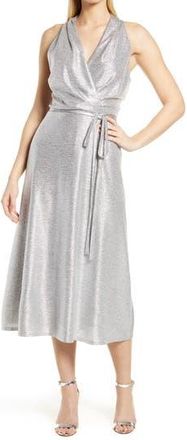Julia Jordan Donna Ricco Halter Neck Metallic Faux Wrap Dress in Silver at Nordstrom Rack, Size 10