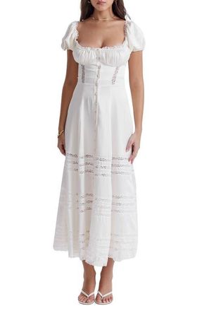 House of CB Eviana Lace Trim Puff Sleeve Silk Blend Maxi Dress in White at Nordstrom, Size X-Small A