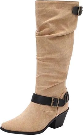 Generic Womens Knee High Boots Square Toe High Block Heel Slip On Design With Decorative Belt Buckle For Daily Wear
