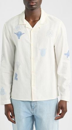 Wax London Corey Embroidered Doodle Cotton Camp Shirt in Ecru/blue at Nordstrom, Size Xx-Large