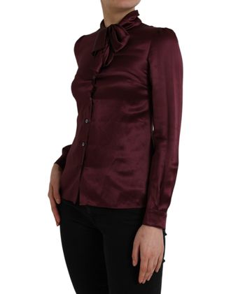 Dolce & Gabbana Womens Maroon Ascot Collar Long Sleeve Top Blouse Silk