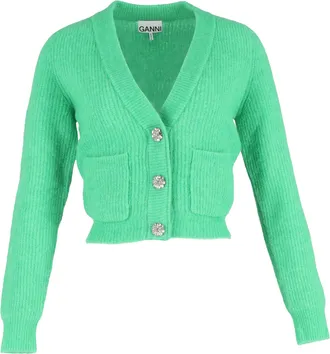 Ganni Ganni Crystal-embellished Knitted Cardigan In Green Merino Wool