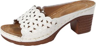 Generic Womens Boho Floral Lace Mule Slippers Low Chunky Heel Sandals for Women Comfortable Open Toe Slide Shoes for Summer Casual Wear (White, 4.5)