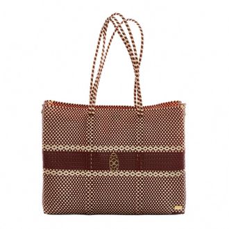 Lola's Bag Womens Travel Woven Stripe Tote Bag With Clutch In Burgundy/beige