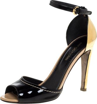 Sergio Rossi Black Patent Leather Metal Heel Ankle Strap Sandals