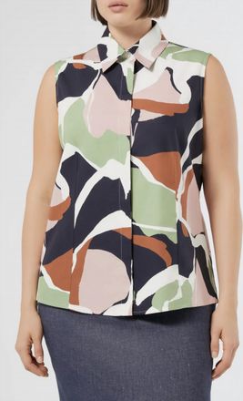 Marina Rinaldi Cotton Poplin Button-Up Shirt In Green Multi