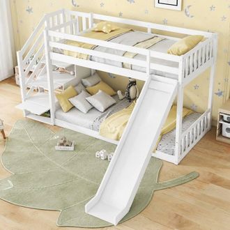 Merax 3ft Single White Wooden Bunk Bed Frame with Storage Stairs & Slide