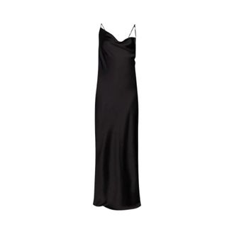 Liu Jo Vestido de fiesta en sat&eacute;n con escote drapeado- tirantes con logo met&aacute;lico y abertura lateral - Dresses - Mujer - Negro - L