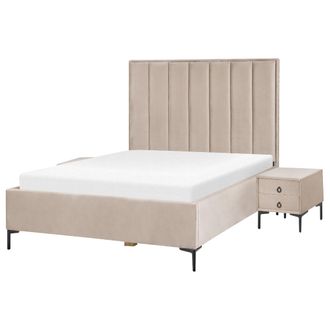 Beliani Conjunto De Dormitorio Moderno Cama 140 X 200 Cm Dos Mesitas De Noche Tapizado Terciopelo Gris Pardo Sezanne