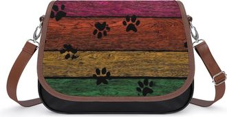 Generic Rainbow Woodgrain Dog Paw Crossbody Bags for Women Leather Tote Bag Travel Purse Shoulder Bag for Work Shopping