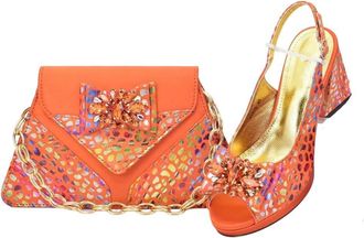 Generic Women Diamond Decoratio High Heel Pumps and Matching Bag Set Wedding Party Office Shoes Orange