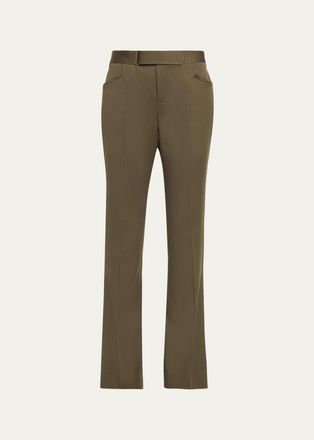 Balmain Buckle-Waist Wool Satin Straight-Leg Pants