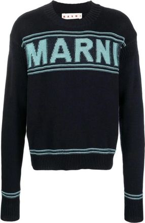 Marni Blauw Logo Katoenen T-shirt - Heren - Ronde hals truien - Blauw - S - Katoen - Truien & Vesten