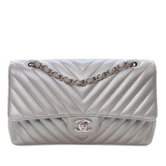 Chanel Silver Medium Classic Chevron Caviar Double Flap